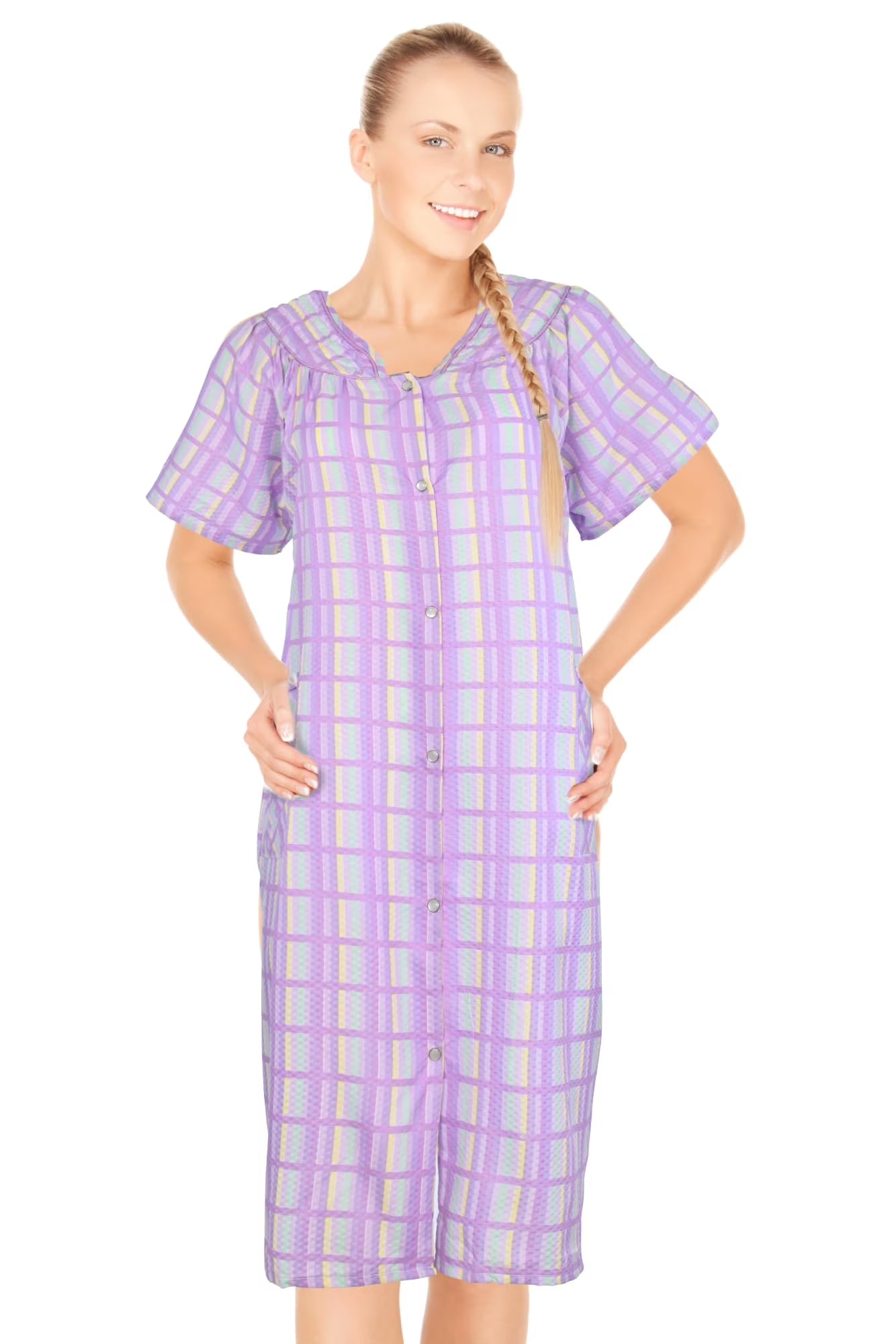 JEFFRICO House Dresses for Women with Pockets - Lightweight Breathable Short Sleeve Muumuu & Nightgowns - Snap Front Housecoat and Dusters for Women
