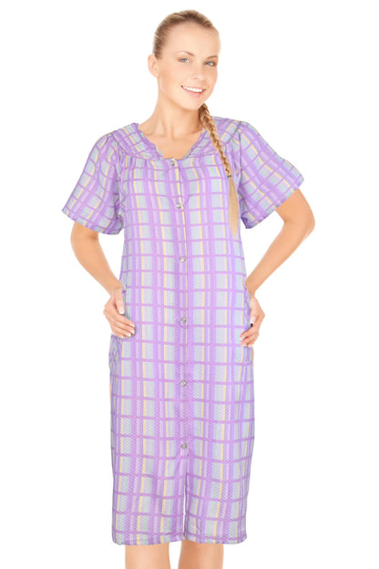 JEFFRICO House Dresses for Women with Pockets - Lightweight Breathable Short Sleeve Muumuu & Nightgowns - Snap Front Housecoat and Dusters for Women
