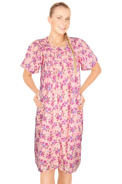 JEFFRICO House Dresses for Women with Pockets - Lightweight Breathable Short Sleeve Muumuu & Nightgowns - Snap Front Housecoat and Dusters for Women