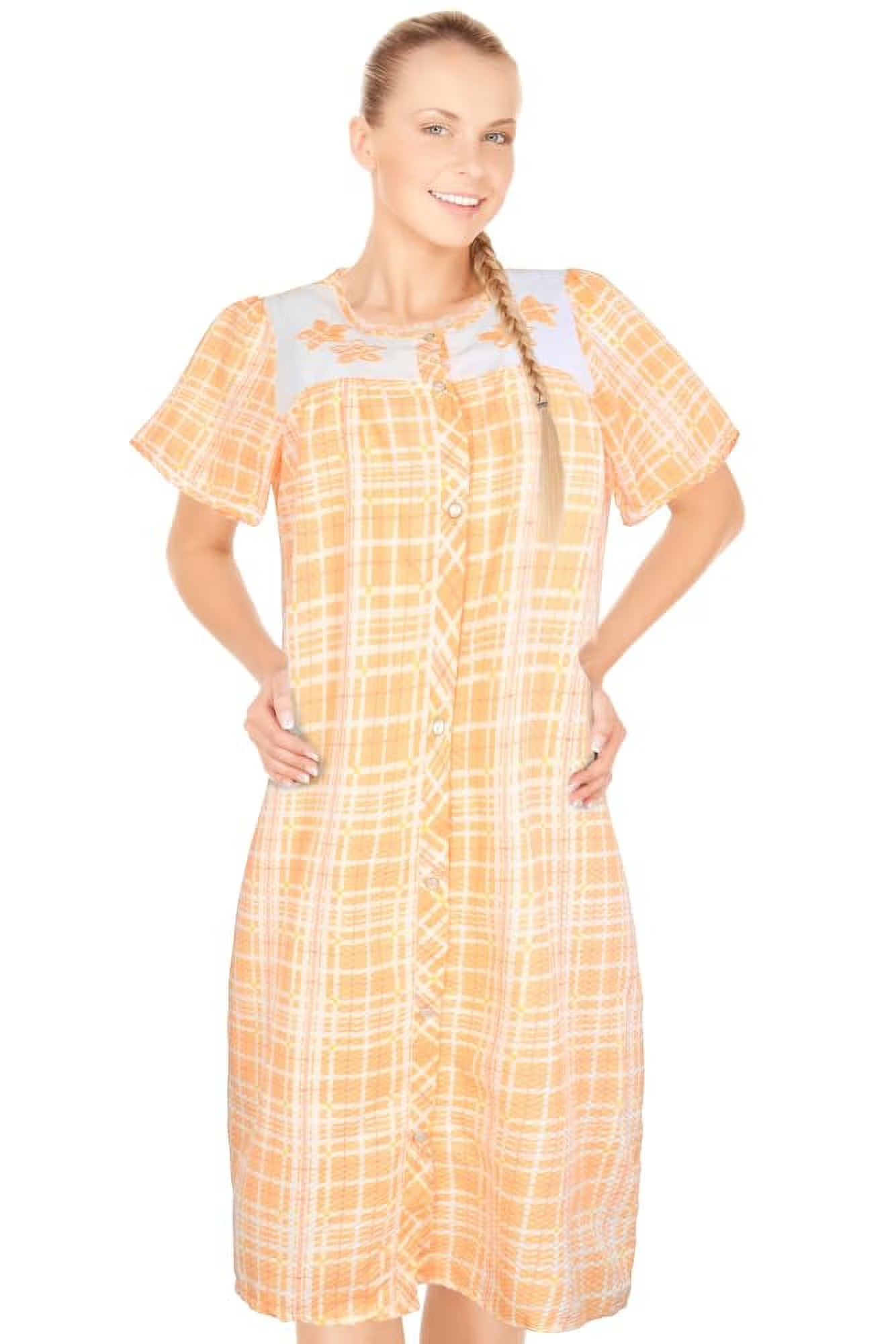 JEFFRICO House Dresses for Women with Pockets - Lightweight Breathable Short Sleeve Muumuu & Nightgowns - Snap Front Housecoat and Dusters for Women