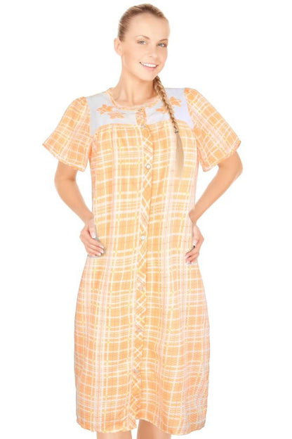 JEFFRICO House Dresses for Women with Pockets - Lightweight Breathable Short Sleeve Muumuu & Nightgowns - Snap Front Housecoat and Dusters for Women