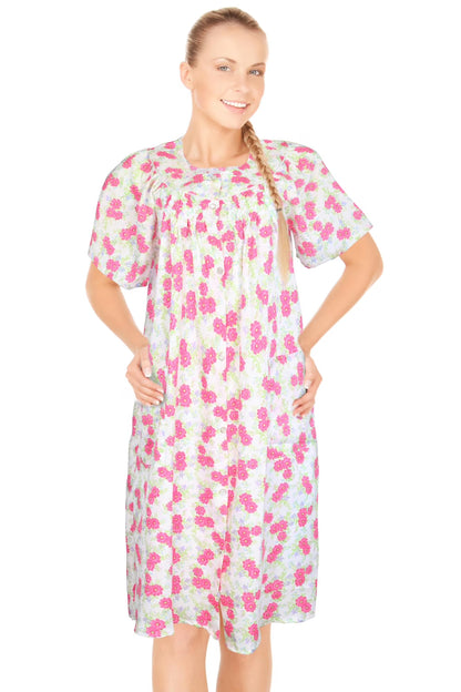 JEFFRICO House Dresses for Women with Pockets - Lightweight Breathable Short Sleeve Muumuu & Nightgowns - Snap Front Housecoat and Dusters for Women