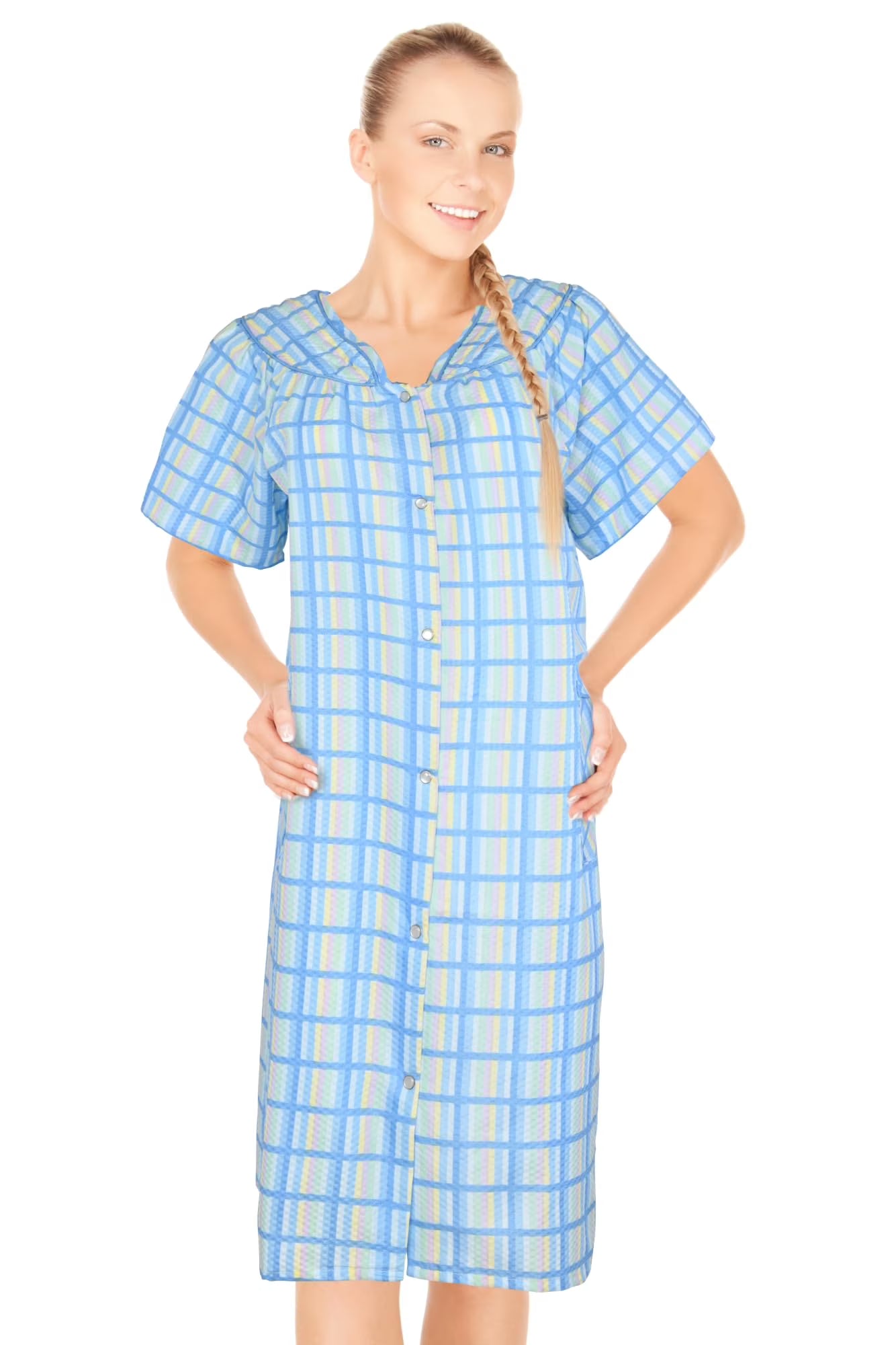 JEFFRICO House Dresses for Women with Pockets - Lightweight Breathable Short Sleeve Muumuu & Nightgowns - Snap Front Housecoat and Dusters for Women