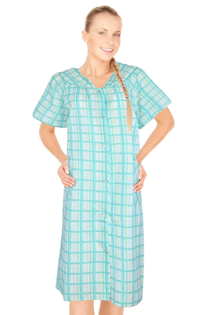 JEFFRICO House Dresses for Women with Pockets - Lightweight Breathable Short Sleeve Muumuu & Nightgowns - Snap Front Housecoat and Dusters for Women
