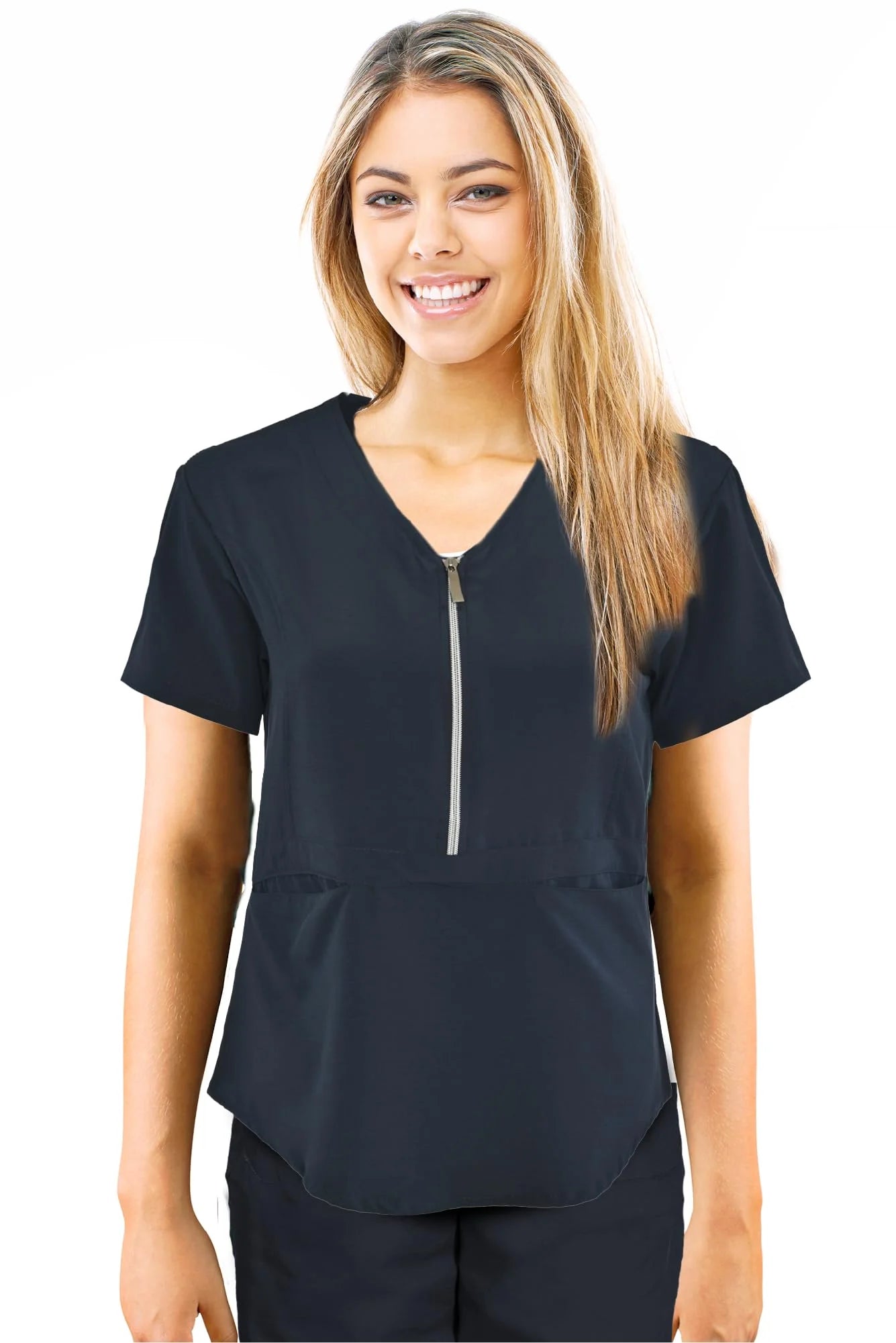 JEFFRICO Scrubs For Women Short Sleeve Zipper Front V-Neck Top 2 Pockets