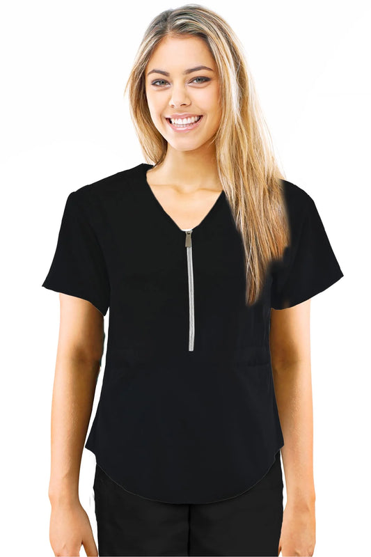 JEFFRICO Scrubs For Women Short Sleeve Zipper Front V-Neck Top 2 Pockets