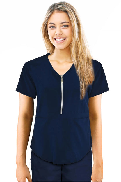 JEFFRICO Scrubs For Women Short Sleeve Zipper Front V-Neck Top 2 Pockets