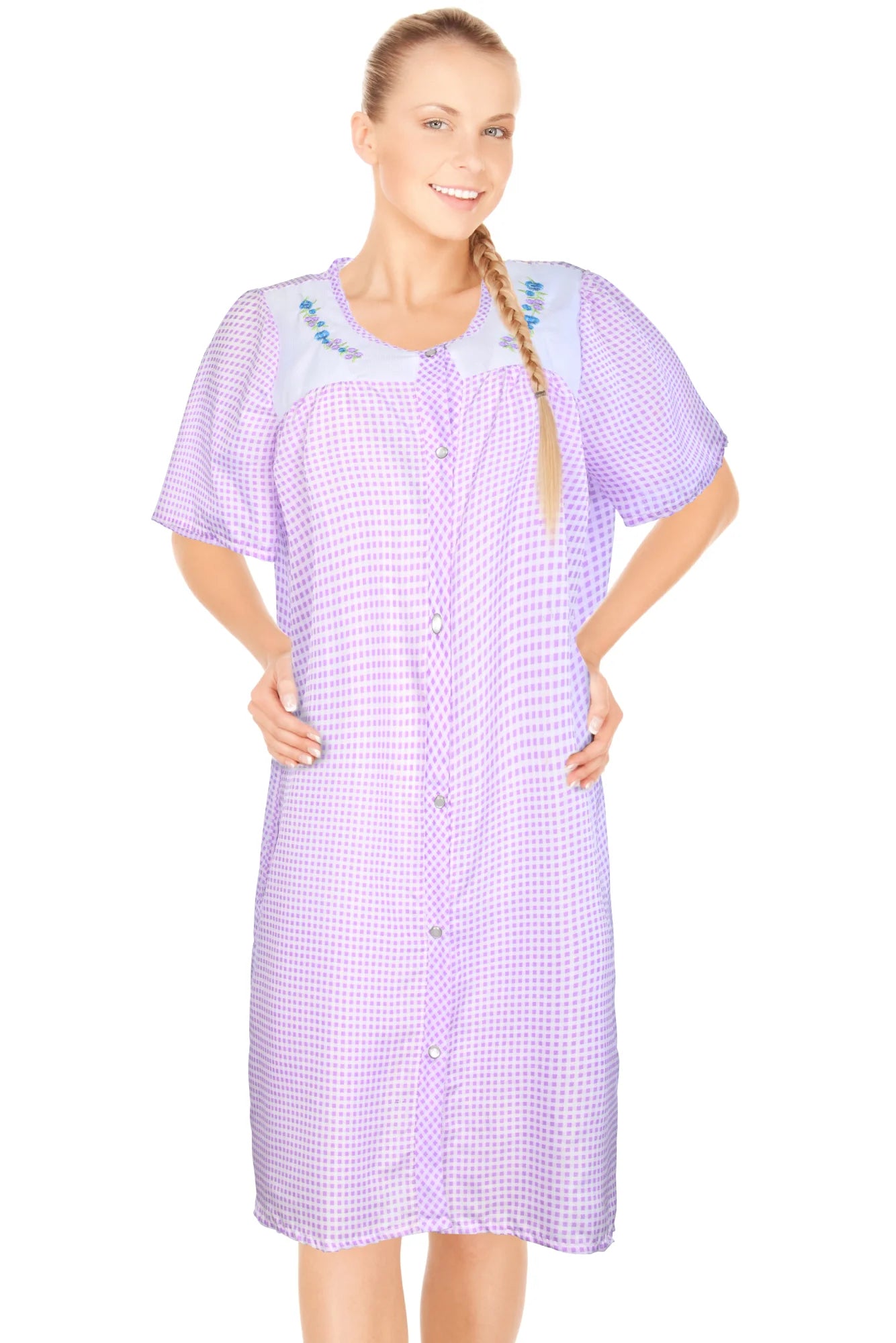JEFFRICO House Dresses for Women with Pockets - Lightweight Breathable Short Sleeve Muumuu & Nightgowns - Snap Front Housecoat and Dusters for Women