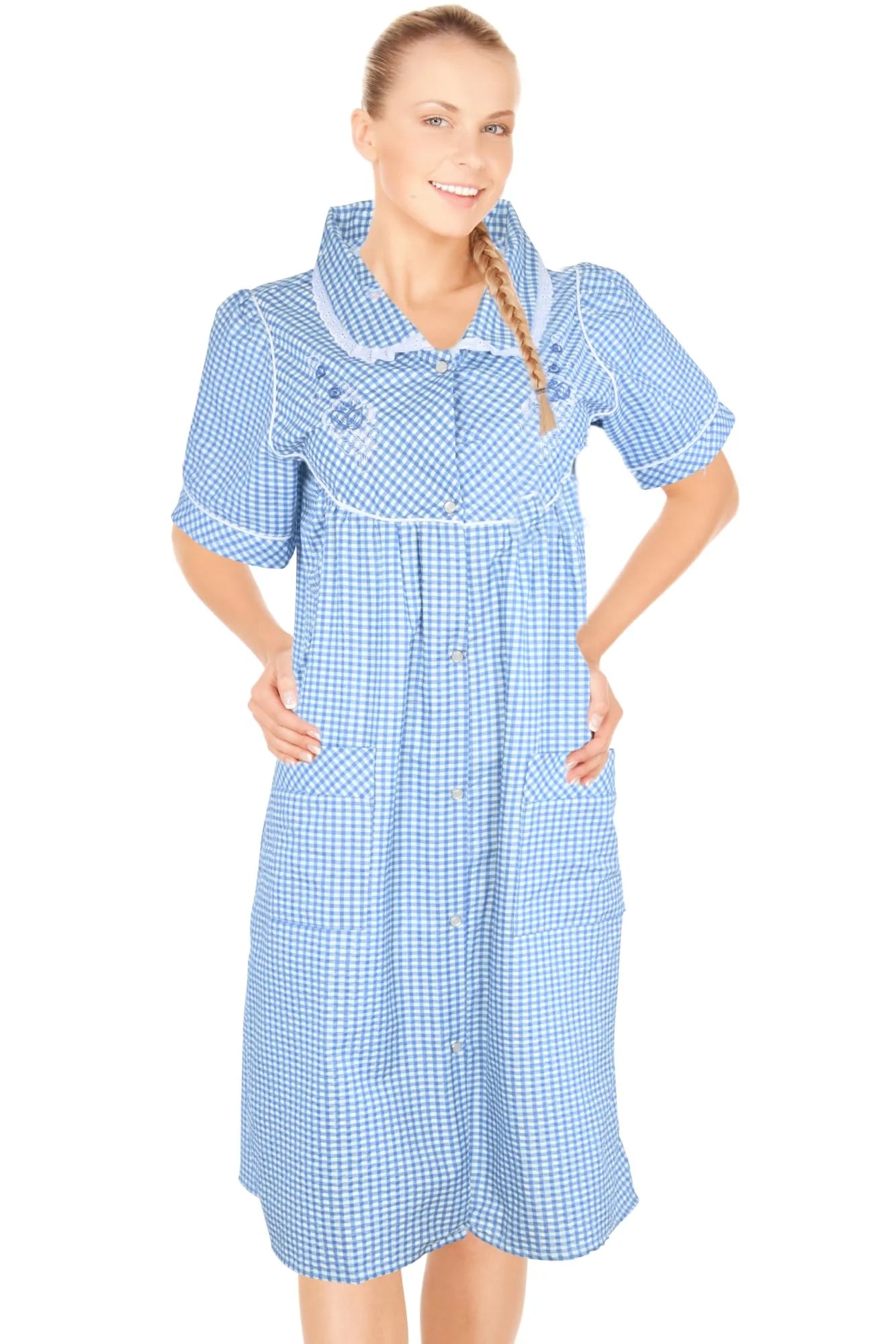 JEFFRICO House Dresses for Women with Pockets - Lightweight Breathable Short Sleeve Muumuu & Nightgowns - Snap Front Housecoat and Dusters for Women