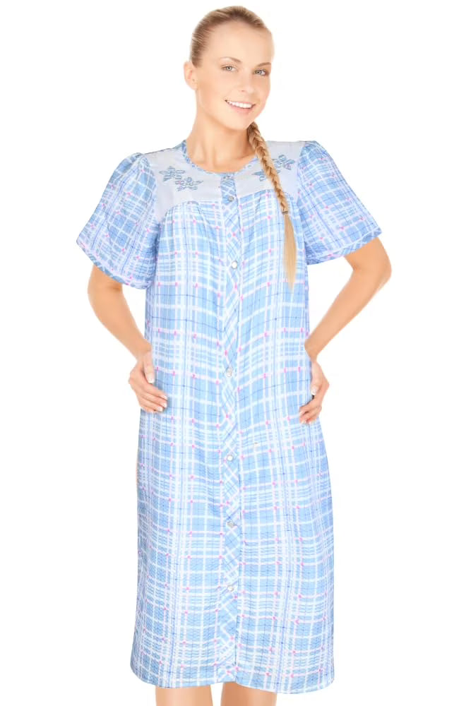 JEFFRICO House Dresses for Women with Pockets - Lightweight Breathable Short Sleeve Muumuu & Nightgowns - Snap Front Housecoat and Dusters for Women