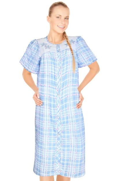 JEFFRICO House Dresses for Women with Pockets - Lightweight Breathable Short Sleeve Muumuu & Nightgowns - Snap Front Housecoat and Dusters for Women