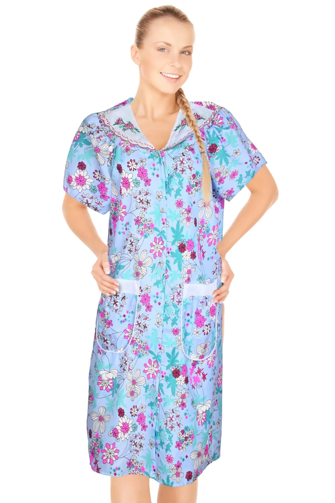 JEFFRICO House Dresses for Women with Pockets - Lightweight Breathable Short Sleeve Muumuu & Nightgowns - Snap Front Housecoat and Dusters for Women