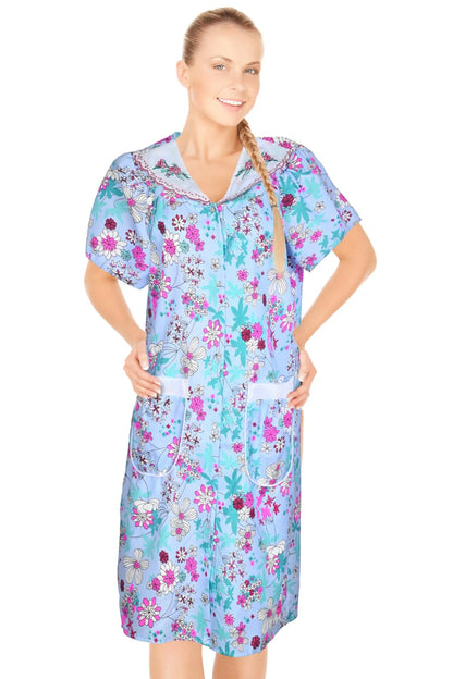 JEFFRICO House Dresses for Women with Pockets - Lightweight Breathable Short Sleeve Muumuu & Nightgowns - Snap Front Housecoat and Dusters for Women