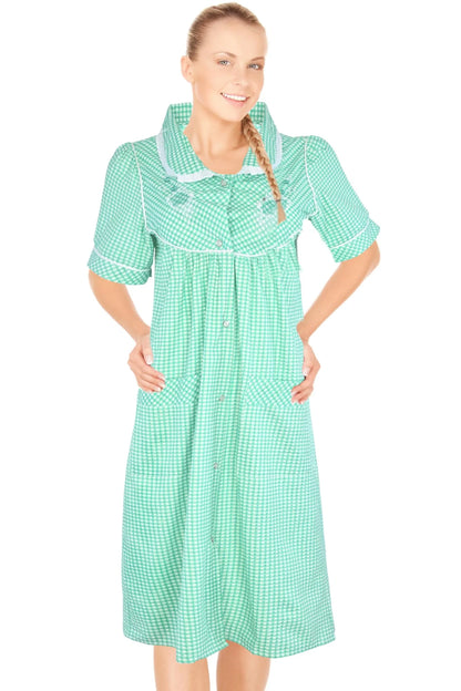 JEFFRICO House Dresses for Women with Pockets - Lightweight Breathable Short Sleeve Muumuu & Nightgowns - Snap Front Housecoat and Dusters for Women