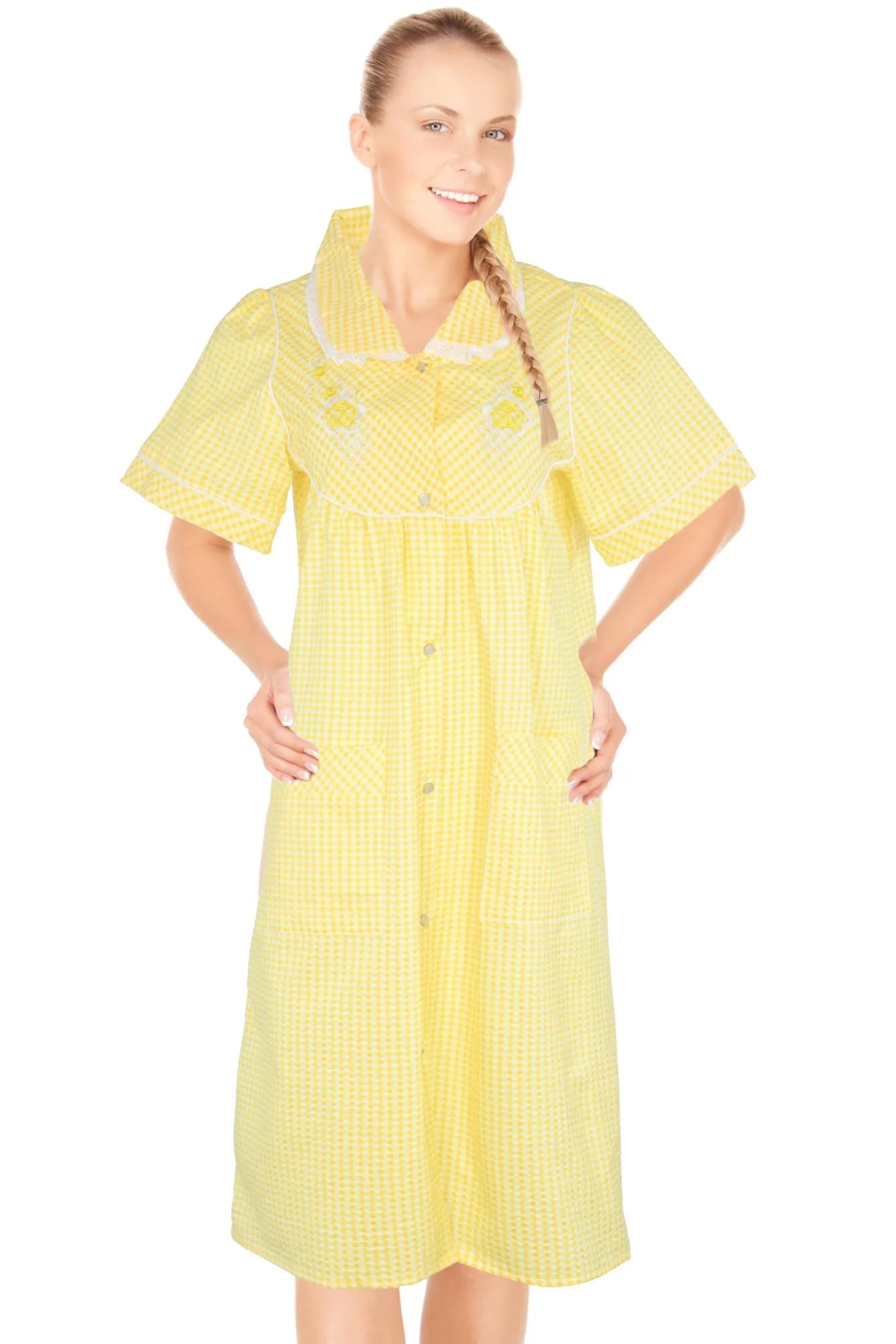 JEFFRICO House Dresses for Women with Pockets - Lightweight Breathable Short Sleeve Muumuu & Nightgowns - Snap Front Housecoat and Dusters for Women