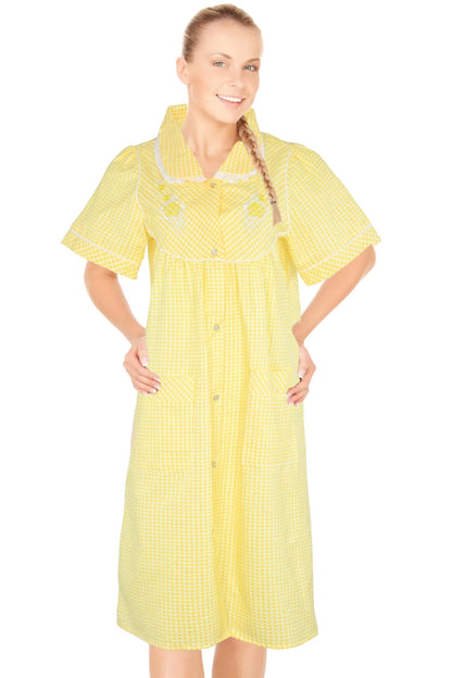 JEFFRICO House Dresses for Women with Pockets - Lightweight Breathable Short Sleeve Muumuu & Nightgowns - Snap Front Housecoat and Dusters for Women