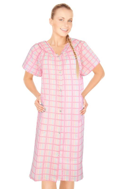 JEFFRICO House Dresses for Women with Pockets - Lightweight Breathable Short Sleeve Muumuu & Nightgowns - Snap Front Housecoat and Dusters for Women
