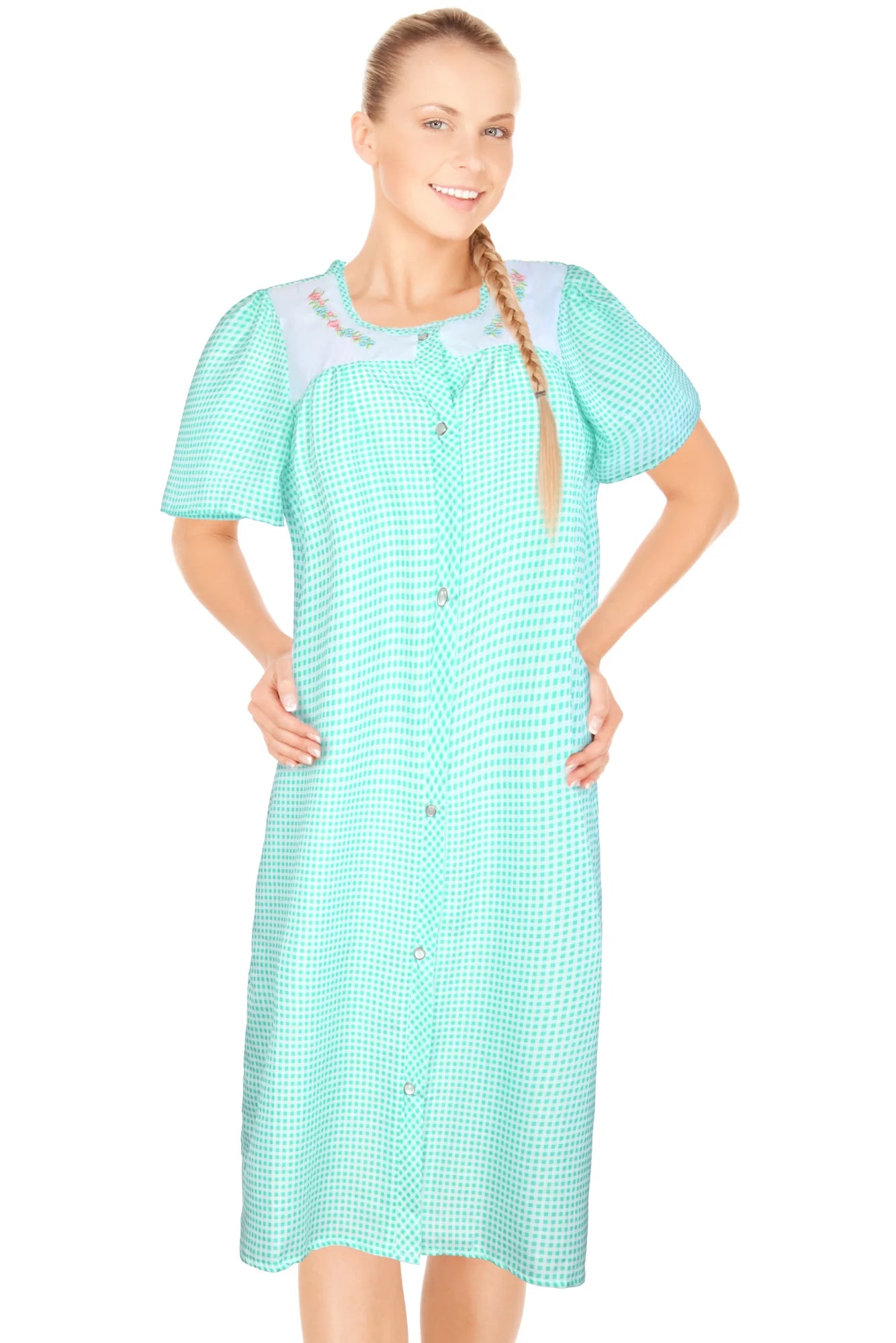JEFFRICO House Dresses for Women with Pockets - Lightweight Breathable Short Sleeve Muumuu & Nightgowns - Snap Front Housecoat and Dusters for Women