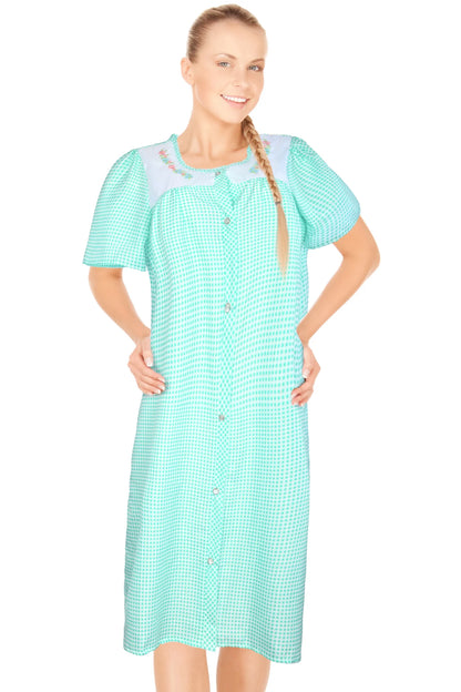 JEFFRICO House Dresses for Women with Pockets - Lightweight Breathable Short Sleeve Muumuu & Nightgowns - Snap Front Housecoat and Dusters for Women