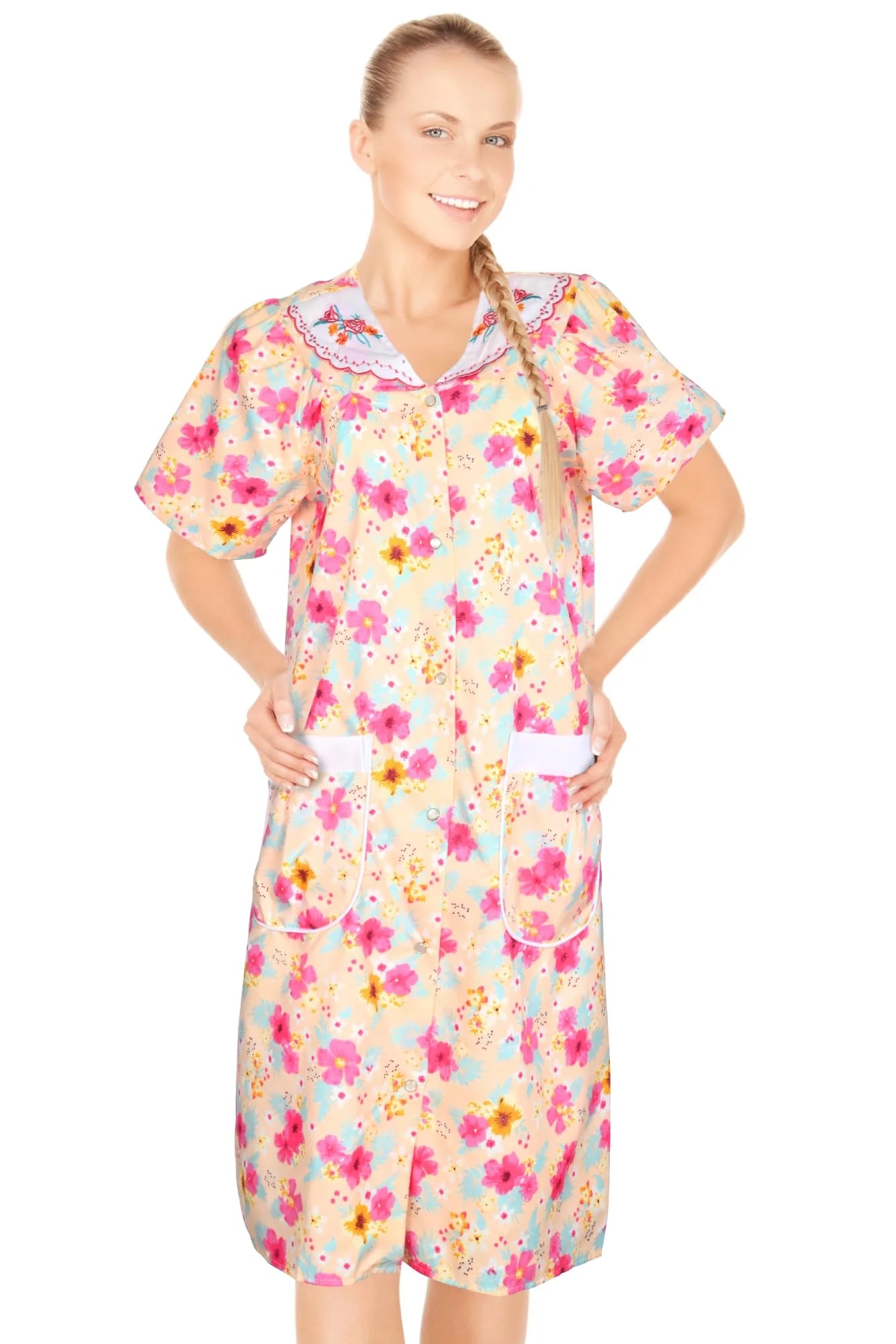 JEFFRICO House Dresses for Women with Pockets - Lightweight Breathable Short Sleeve Muumuu & Nightgowns - Snap Front Housecoat and Dusters for Women
