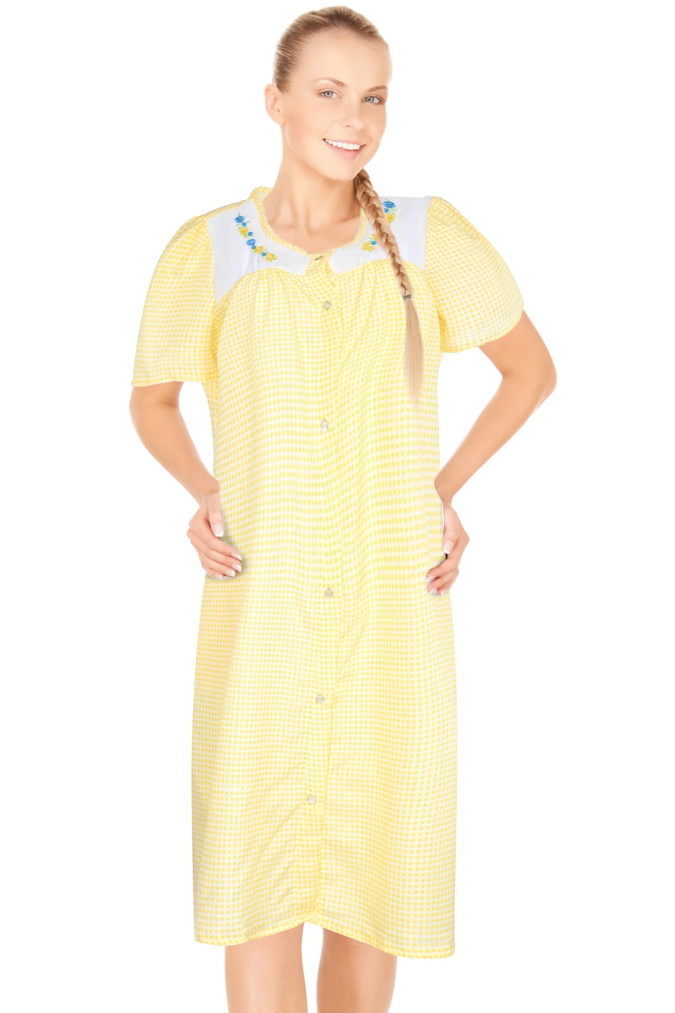 JEFFRICO House Dresses for Women with Pockets - Lightweight Breathable Short Sleeve Muumuu & Nightgowns - Snap Front Housecoat and Dusters for Women