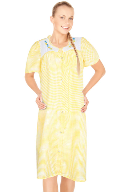 JEFFRICO House Dresses for Women with Pockets - Lightweight Breathable Short Sleeve Muumuu & Nightgowns - Snap Front Housecoat and Dusters for Women
