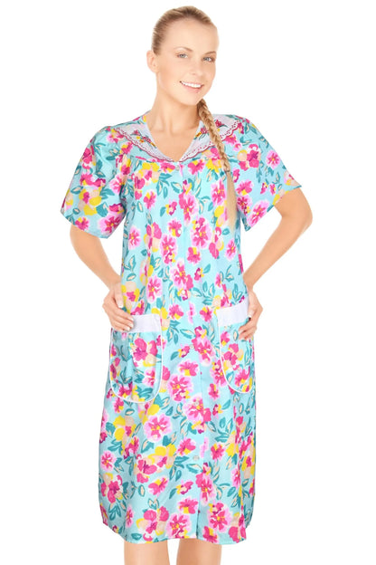 JEFFRICO House Dresses for Women with Pockets - Lightweight Breathable Short Sleeve Muumuu & Nightgowns - Snap Front Housecoat and Dusters for Women