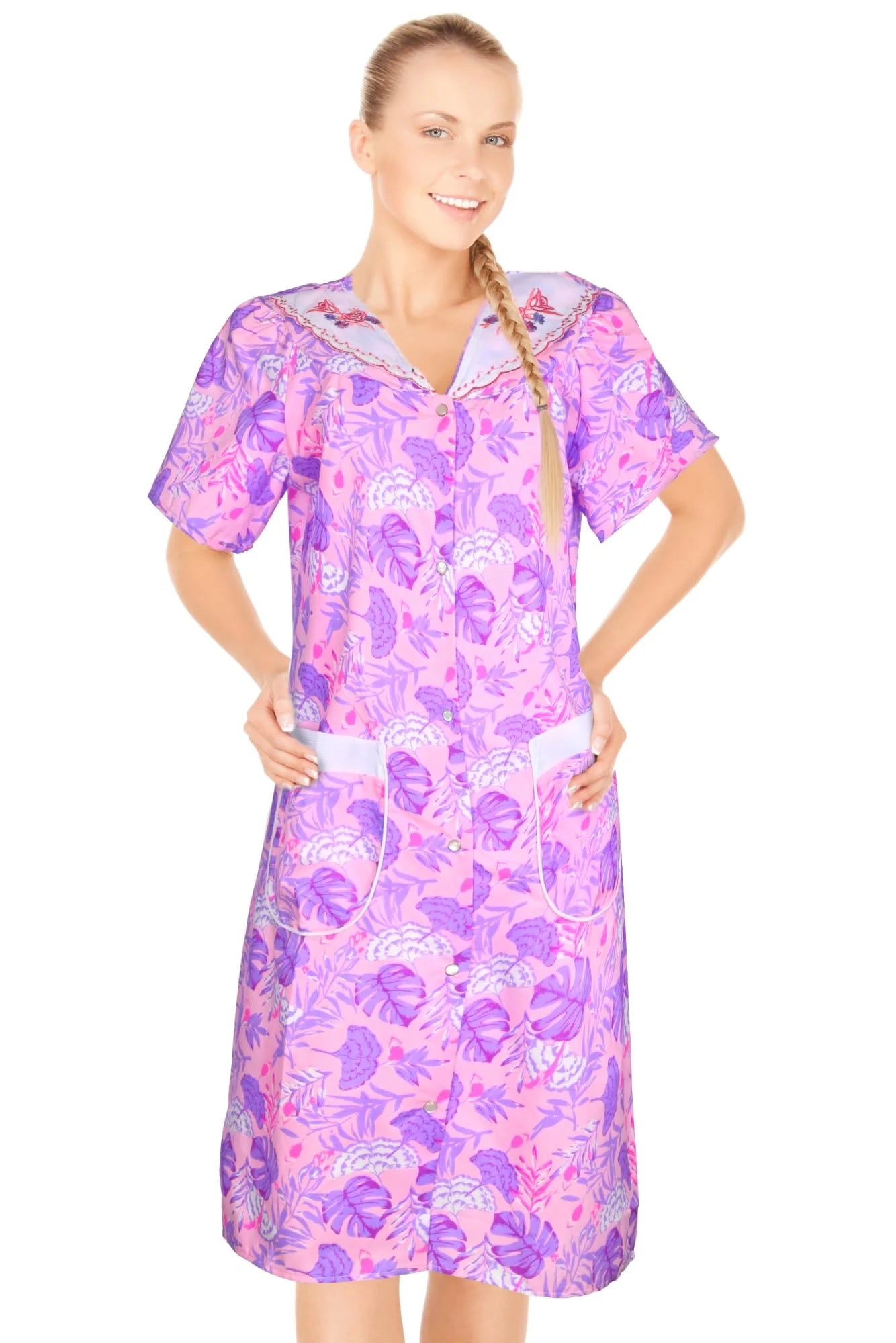 JEFFRICO House Dresses for Women with Pockets - Lightweight Breathable Short Sleeve Muumuu & Nightgowns - Snap Front Housecoat and Dusters for Women