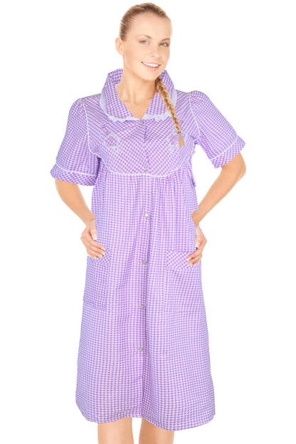 JEFFRICO House Dresses for Women with Pockets - Lightweight Breathable Short Sleeve Muumuu & Nightgowns - Snap Front Housecoat and Dusters for Women
