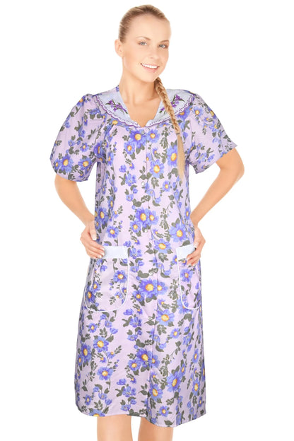 JEFFRICO House Dresses for Women with Pockets - Lightweight Breathable Short Sleeve Muumuu & Nightgowns - Snap Front Housecoat and Dusters for Women