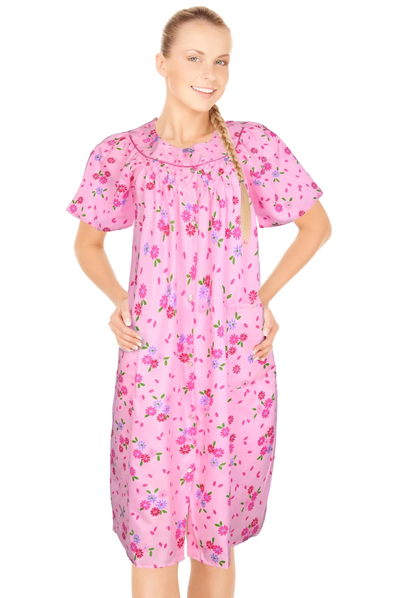 JEFFRICO House Dresses for Women with Pockets - Lightweight Breathable Short Sleeve Muumuu & Nightgowns - Snap Front Housecoat and Dusters for Women