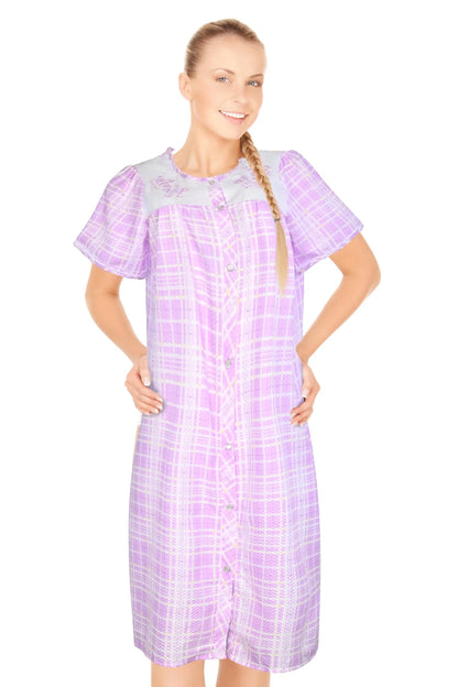 JEFFRICO House Dresses for Women with Pockets - Lightweight Breathable Short Sleeve Muumuu & Nightgowns - Snap Front Housecoat and Dusters for Women