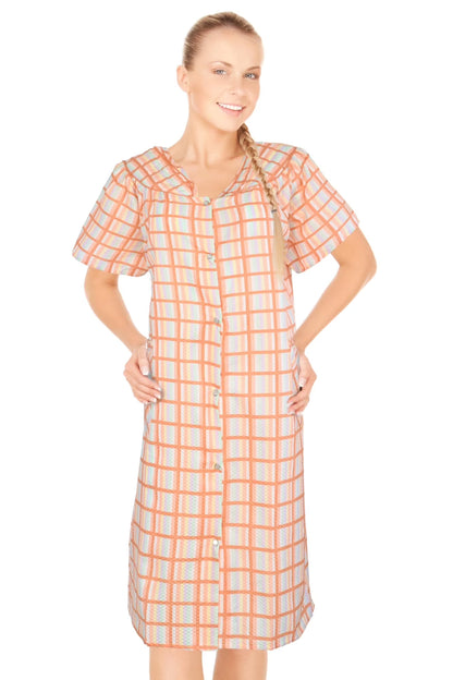 JEFFRICO House Dresses for Women with Pockets - Lightweight Breathable Short Sleeve Muumuu & Nightgowns - Snap Front Housecoat and Dusters for Women