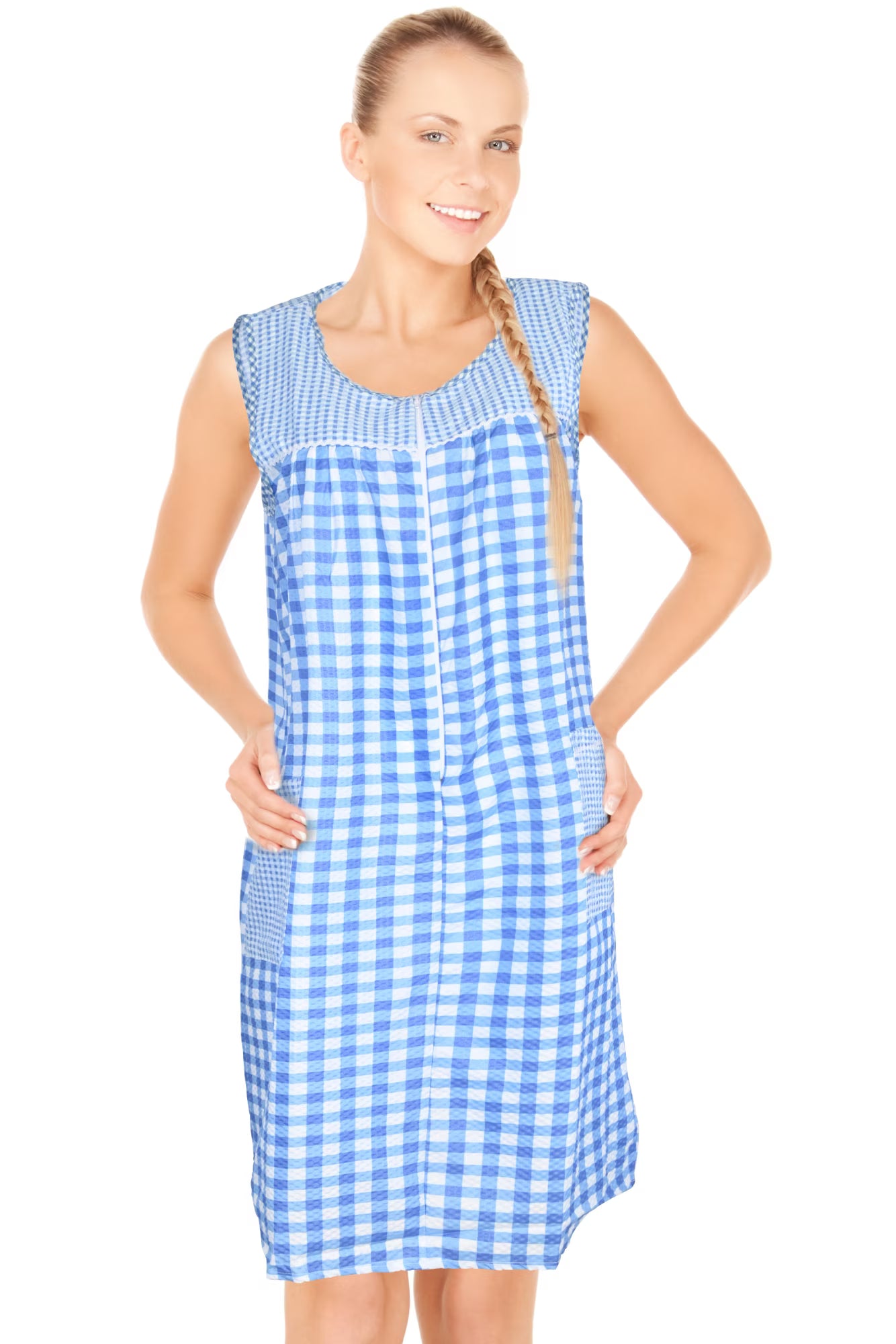 JEFFRICO House Dresses for Women with Pockets - Lightweight Breathable Sleeveless Muumuu & Nightgowns - Zipper Front Housecoat and Dusters for Women