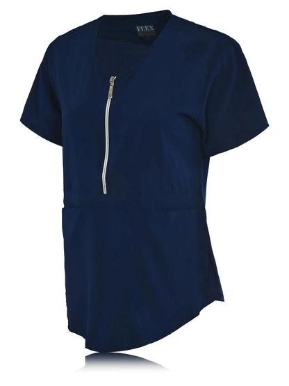 JEFFRICO Scrubs For Women Short Sleeve Zipper Front V-Neck Top 2 Pockets