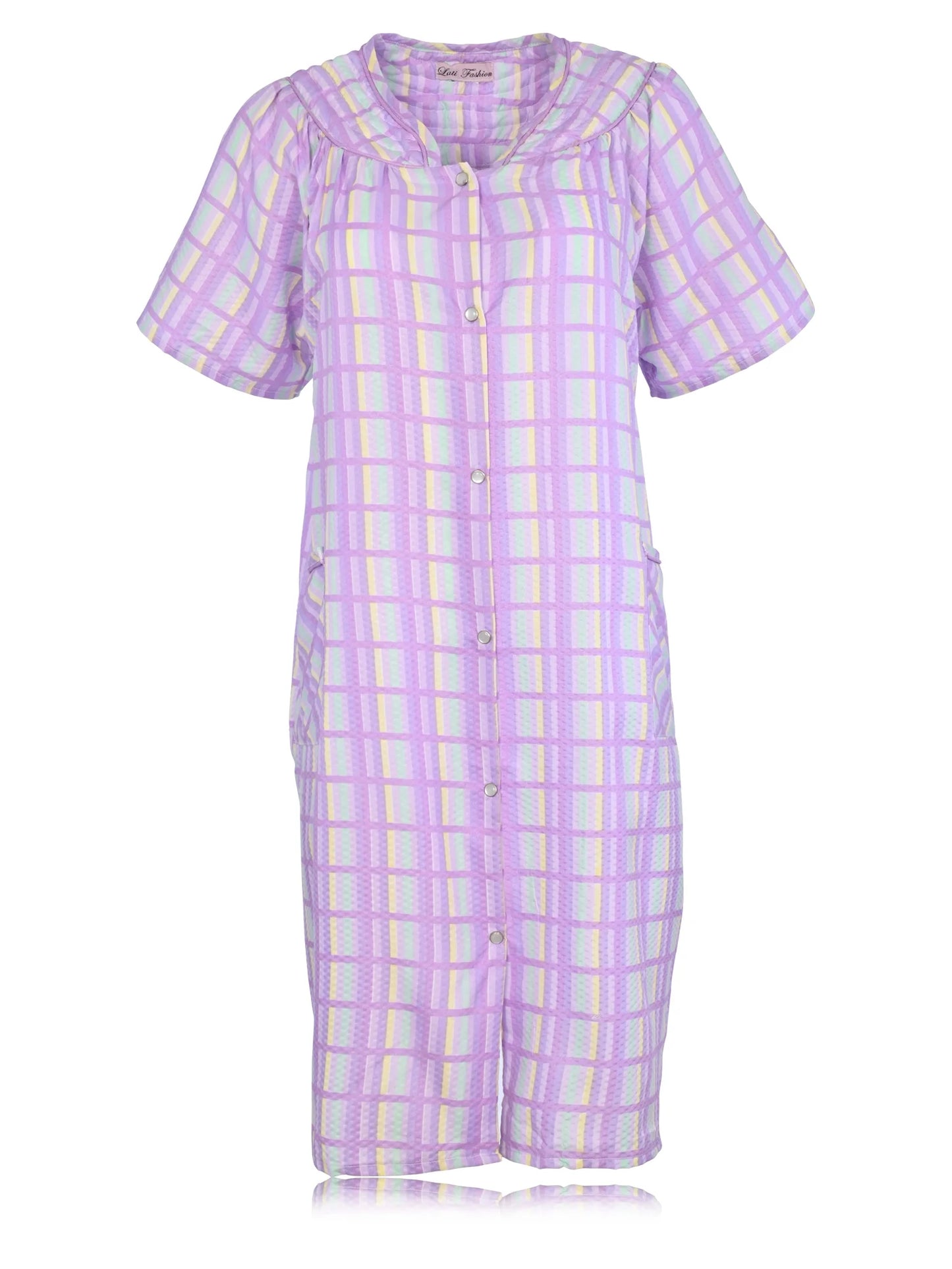 JEFFRICO House Dresses for Women with Pockets - Lightweight Breathable Short Sleeve Muumuu & Nightgowns - Snap Front Housecoat and Dusters for Women