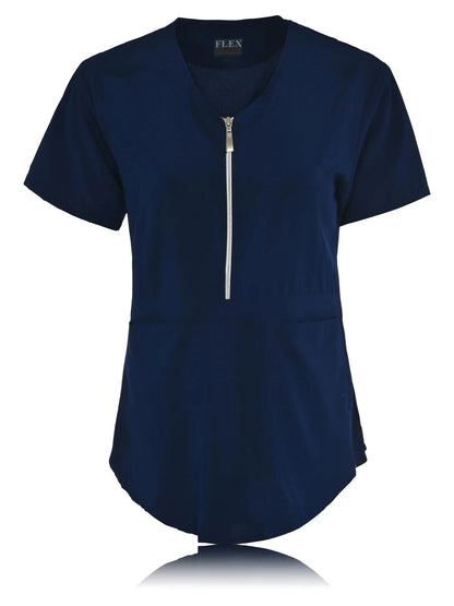 JEFFRICO Scrubs For Women Short Sleeve Zipper Front V-Neck Top 2 Pockets