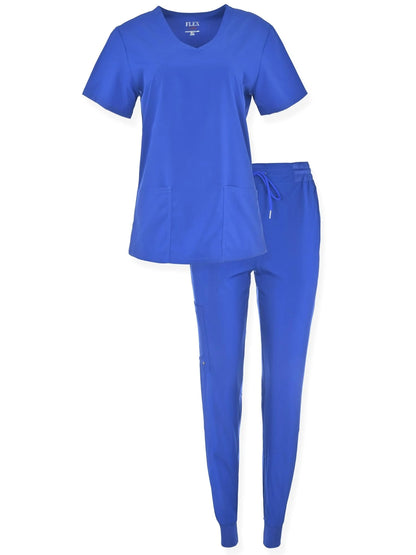 JEFFRICO Scrubs For Women Scrub Set V-Neck Scrub Top and Jogger Scrub Pants Lightweight 4 Way Stretch Soft 5 Pockets