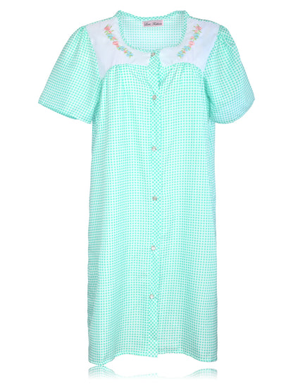 JEFFRICO House Dresses for Women with Pockets - Lightweight Breathable Short Sleeve Muumuu & Nightgowns - Snap Front Housecoat and Dusters for Women