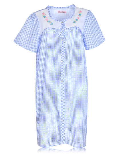 JEFFRICO House Dresses for Women with Pockets - Lightweight Breathable Short Sleeve Muumuu & Nightgowns - Snap Front Housecoat and Dusters for Women