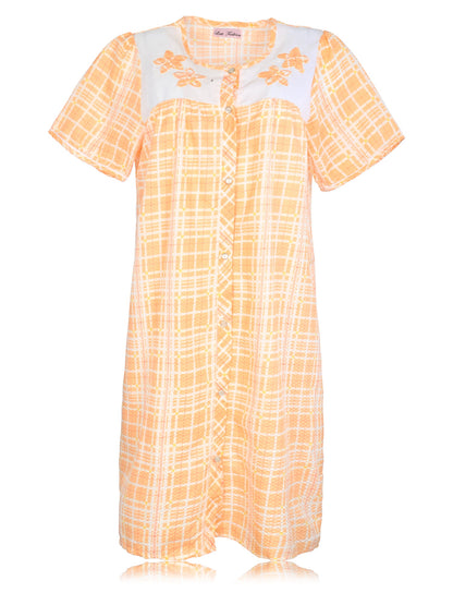 JEFFRICO House Dresses for Women with Pockets - Lightweight Breathable Short Sleeve Muumuu & Nightgowns - Snap Front Housecoat and Dusters for Women