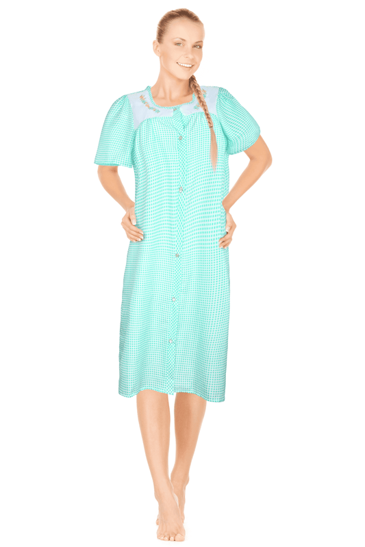 JEFFRICO House Dresses for Women with Pockets - Lightweight Breathable Short Sleeve Muumuu & Nightgowns - Snap Front Housecoat and Dusters for Women