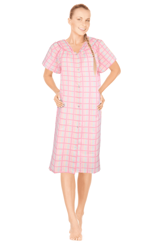 JEFFRICO House Dresses for Women with Pockets - Lightweight Breathable Short Sleeve Muumuu & Nightgowns - Snap Front Housecoat and Dusters for Women